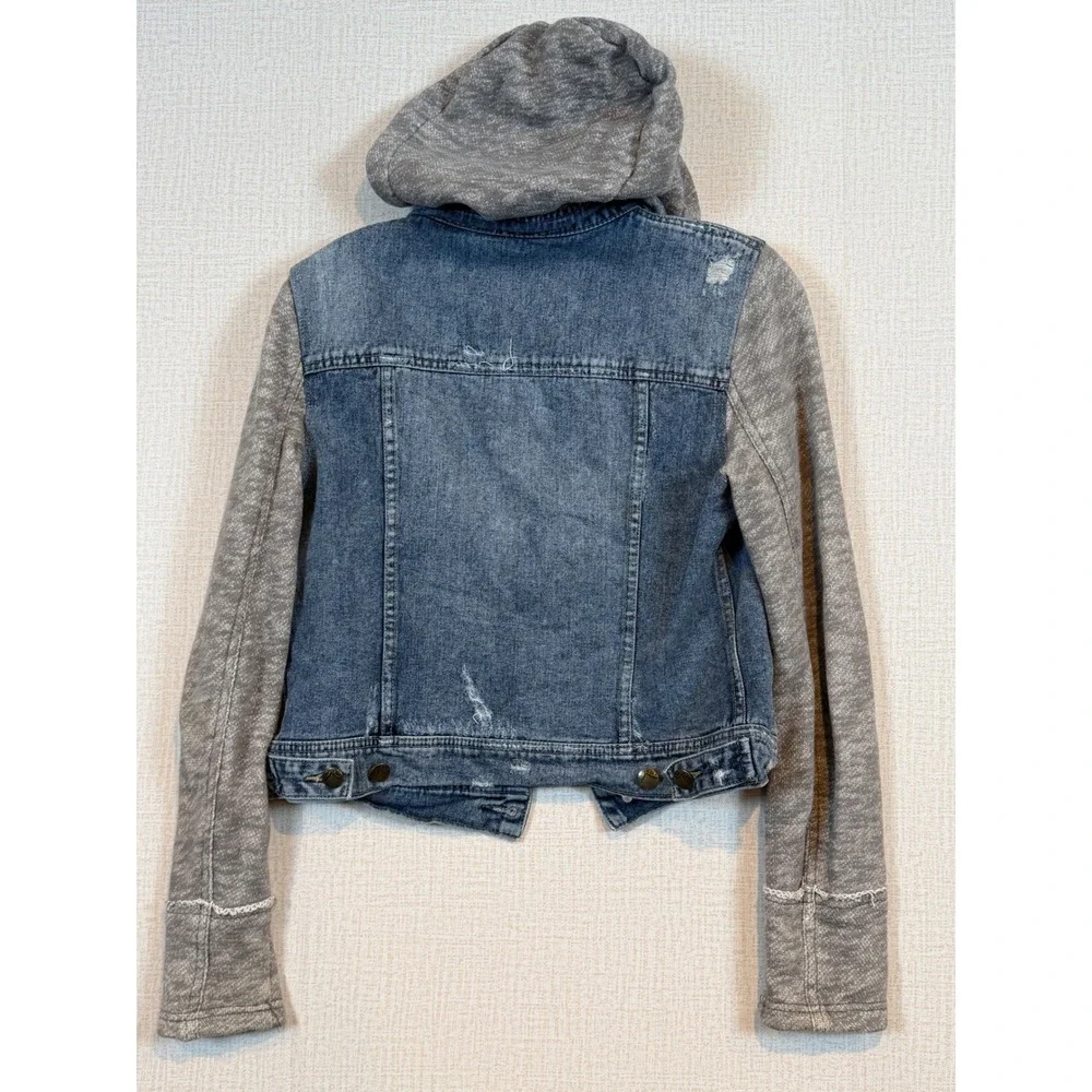 Free People Mixed Media Hooded Denim Jacket Blue Trucker Jacket •S• Boho Shacket - Picture 5 of 10